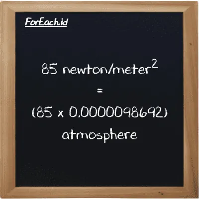 85 newton/meter<sup>2</sup> is equivalent to 0.00083888 atmosphere (85 N/m<sup>2</sup> is equivalent to 0.00083888 atm)